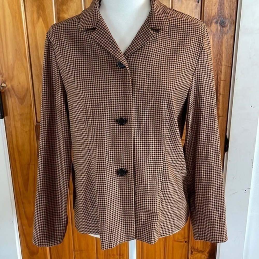 Casual Corner Vintage Jacket Blazer Shacket Petite 8 brown tan houndstooth plaid